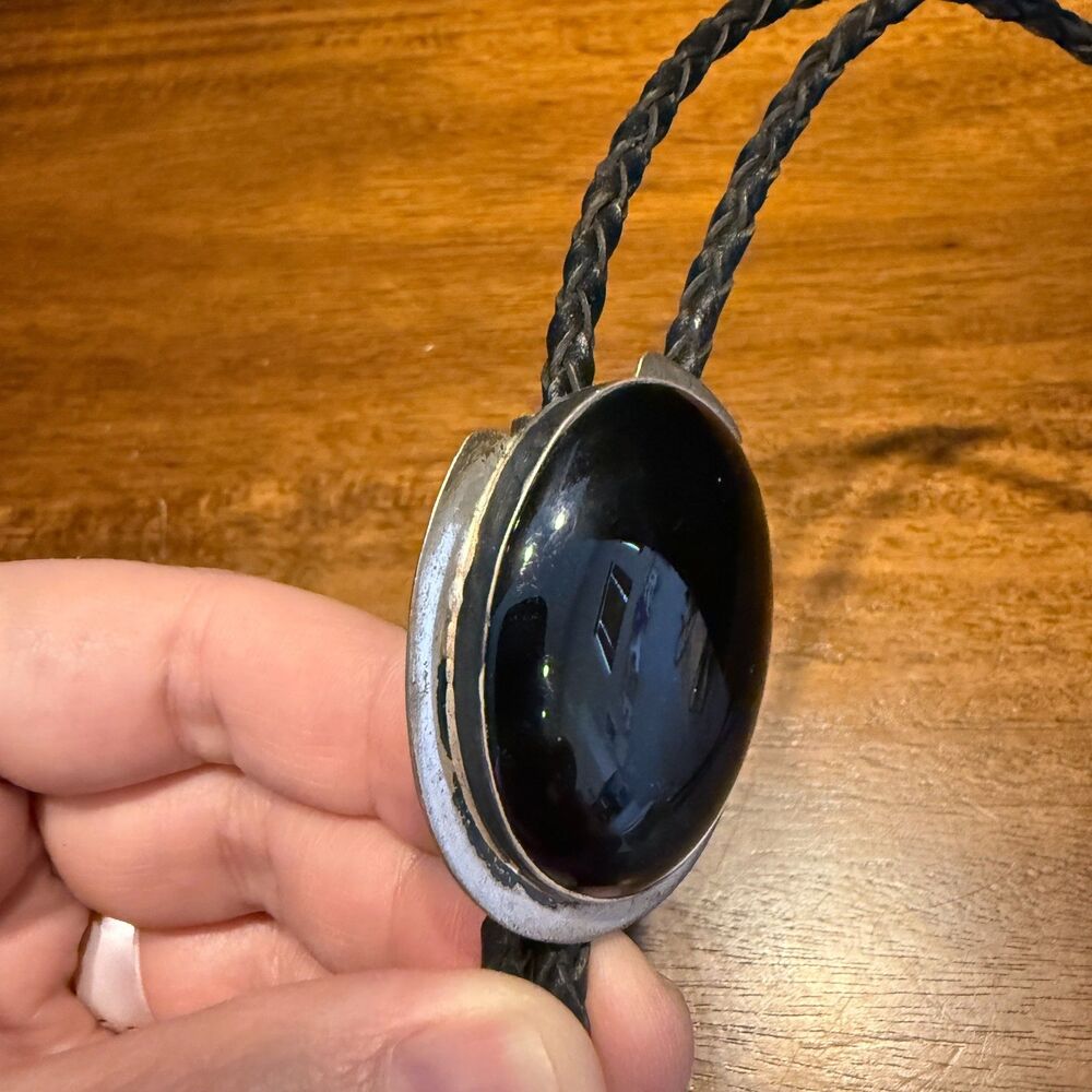 Vintage Sterling Silver Black Stone Bolo Tie - Picture 5 of 9